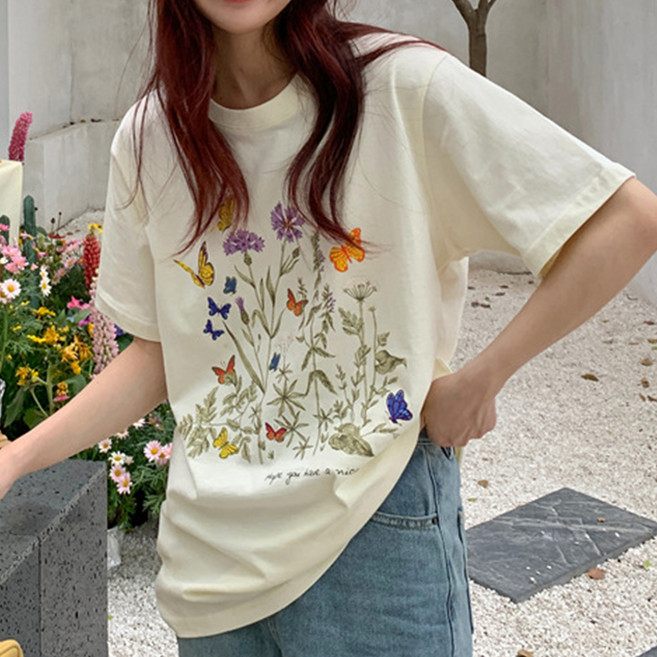 gelluna 女款純棉寬鬆版花朵基本款短袖T恤 TH-23