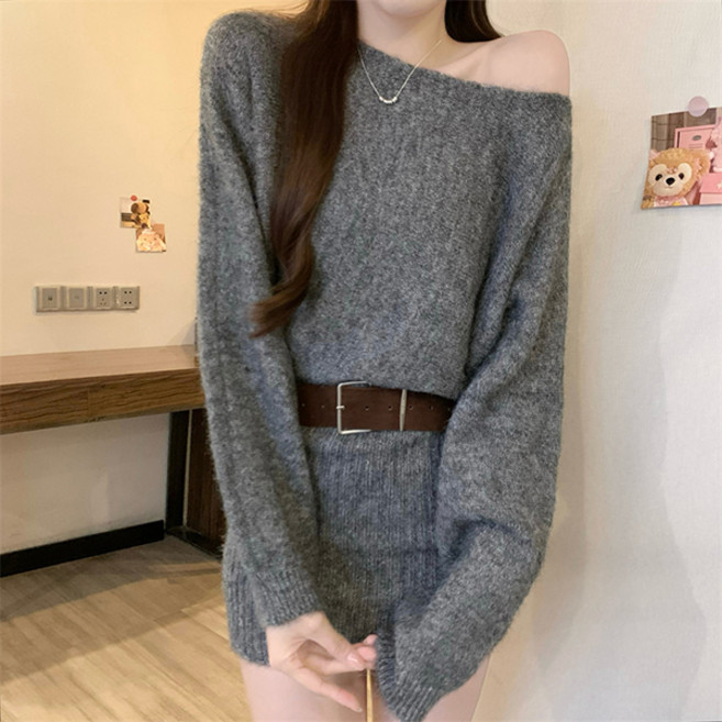 LUNA GIRL 女款 Radigst 露肩針織連身裙 L26SPOPS121213, 灰色