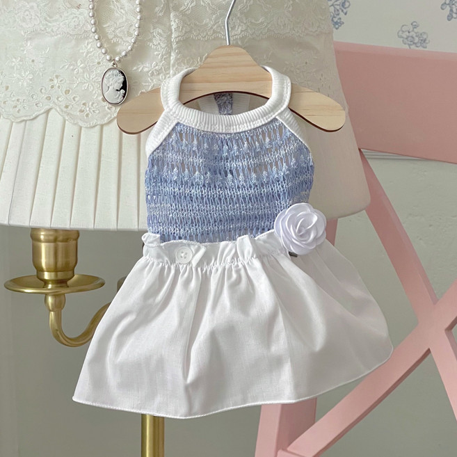 그루밍댕이 반려동물 크로쉐 투피스 크롭니트 + 치마 세트, 블루, 1세트