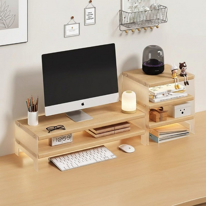 The Flow Commerce Dayton Balance 壓克力桌上型螢幕支架 2層 + 3層層架組合, 木色