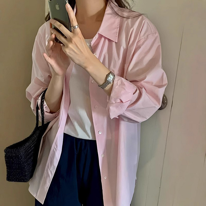 피어니스트 여성용 박시핏 심플 폴로 카라 긴팔 셔츠