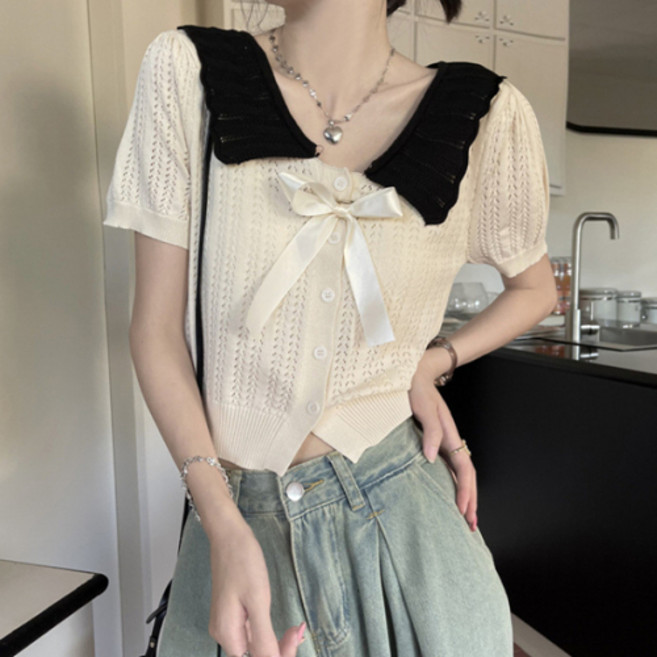 德芙洛商務 女款水手領蝴蝶結點綴針織T恤