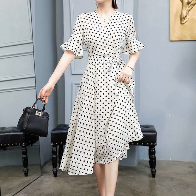 더시럽 여성용 5부 소매 도트 랩 원피스