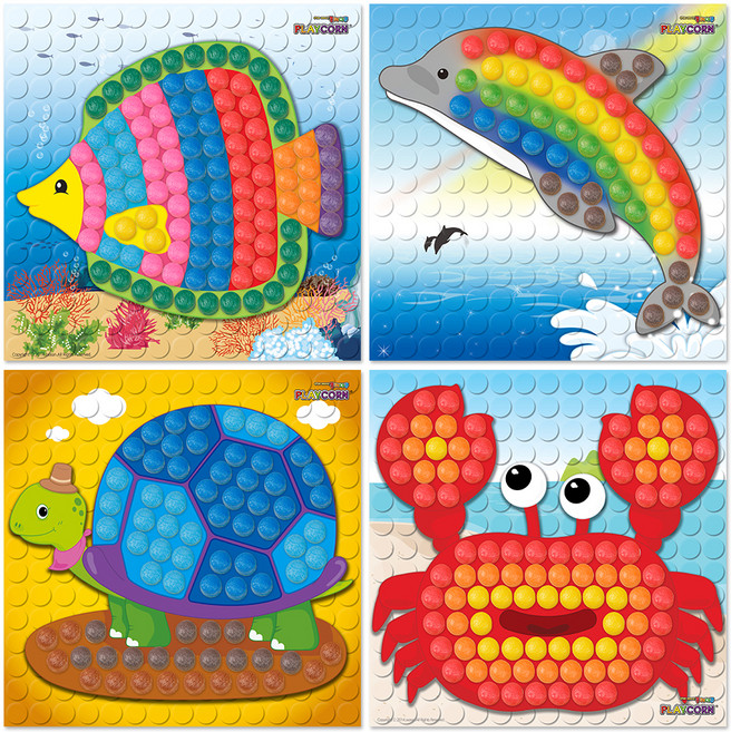 플레이콘 모자이크 보드 만들기 4종 세트 동물2 바다, 열대어, 돌고래, 거북이, 꽃게, 1세트