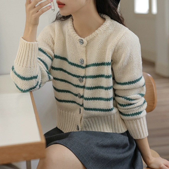 아이엠몽 여성용 자니앙 스트라이프 라운드넥 데일리 가디건