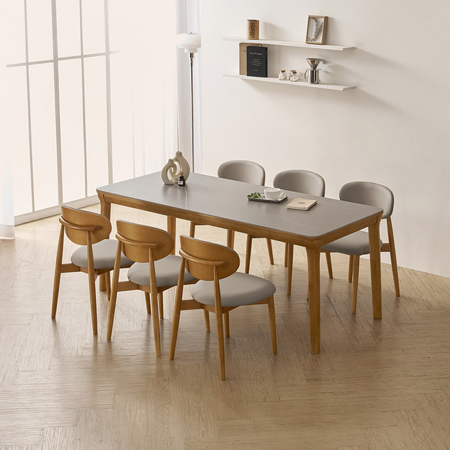 라로퍼니처 보나 1900 포세린 통 세라믹 원목 식탁 + 의자 6p 세트 6인용 방문설치, 그레이(상판), 내추럴(원목), 일반의자 6