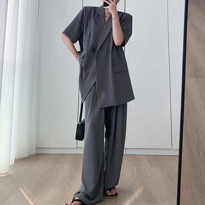 페이퍼먼츠 찰랑 여름 정장 반팔 자켓 + 와이드 팬츠 세트 10542