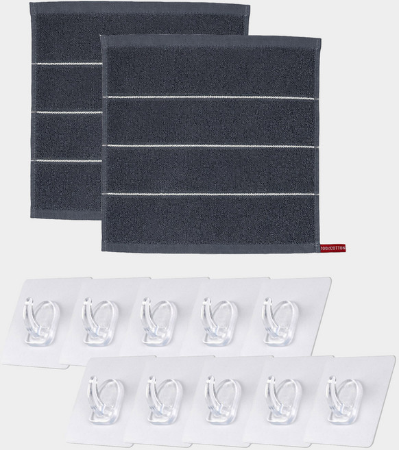 모나코올리브 호텔식 스트라이프 핸드타월 2p + 흡짱매직 후크 오리지널 10p 세트, 그레이(핸드타월), 투명(후크), 1세트