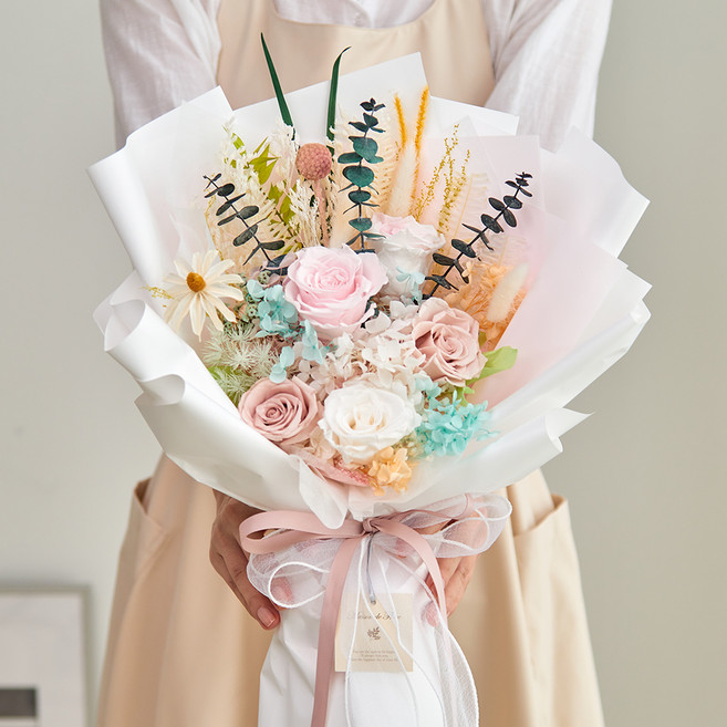 메종드플로레 시들지 않는 생화 프리저브드 플라워 큰 꽃다발 + 쇼핑백, 코튼플로라
