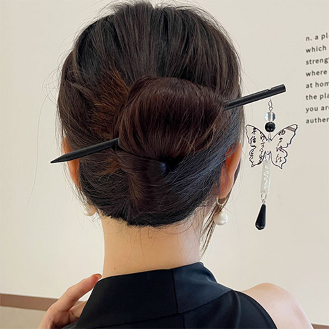 젤루나 레터링 나비 블랙 흑나무 헤어 비녀 머리핀 H-152
