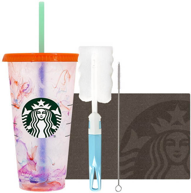 STARBUCKS 星巴克 大理石紋繽紛變色可重複使用冷飲杯 + 清潔刷禮盒組, 混合(冷飲杯), 隨機出貨(清潔刷), 710ml, 1套