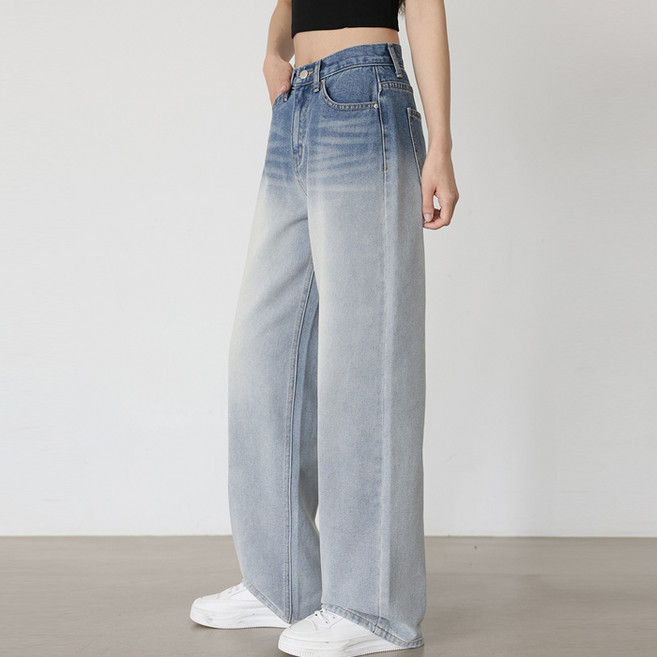 빼빼 여성용 그라데이션워싱 와이드 일자 청바지