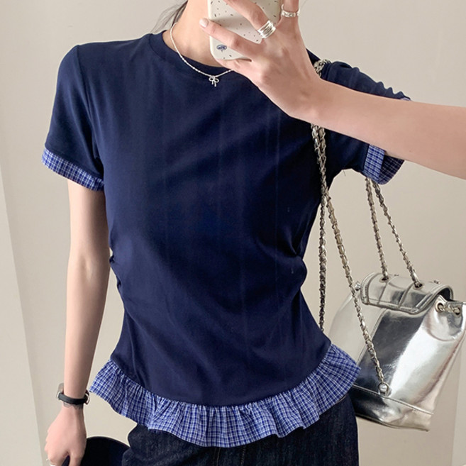 어썸풀 여성용 로아세라 프릴 배색 슬림 반팔 티셔츠 A26SMT030509