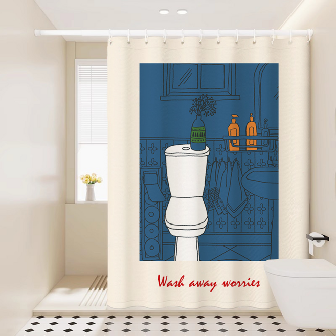 코다치프 욕실 드로잉 방수 화장실 목욕 샤워커튼, 심플 욕실 17, 1개