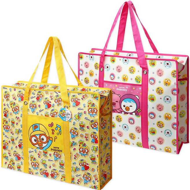 POPO FANCY Pororo 滿版防水帆布購物袋, 1套, Pororo 黃色 + 粉色