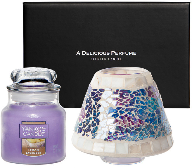 양키캔들 스몰자 향초 + 모자이크 자쉐이드 선물세트, 레몬라벤더, 딥오션