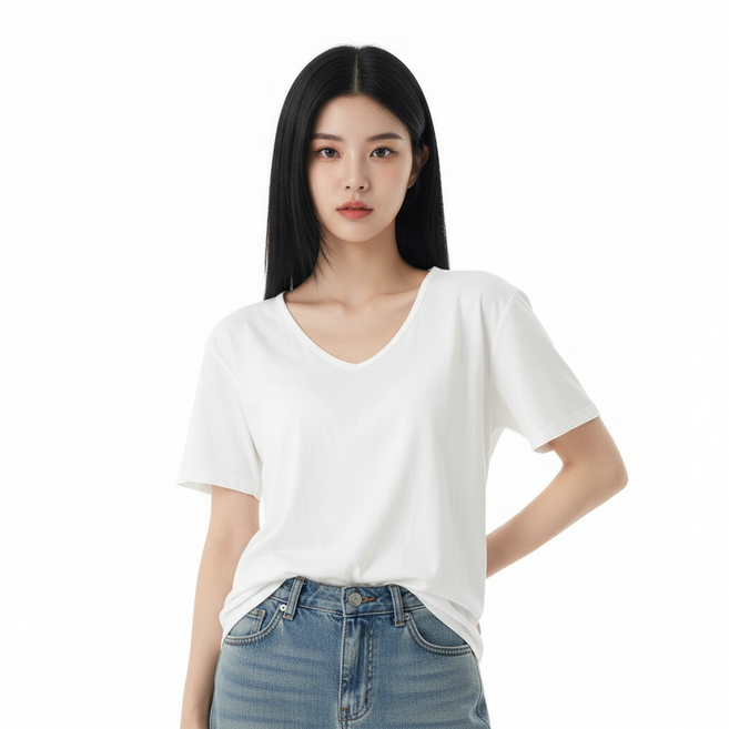 마켓피아 여성용 데일리룩 기본핏 브이넥 반팔 티셔츠