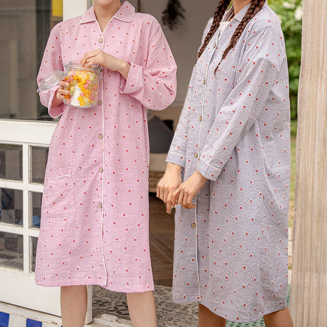 테라우드 여성용 로브 코튼 스트라이프 원피스 잠옷 2p