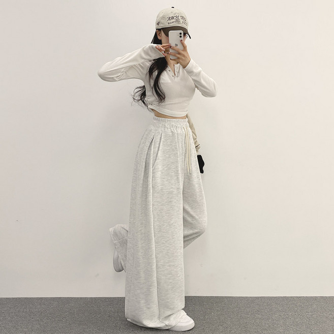 위드후이린 여성용 스판 핀턱 와이드 트레이닝 밴딩 팬츠 롱