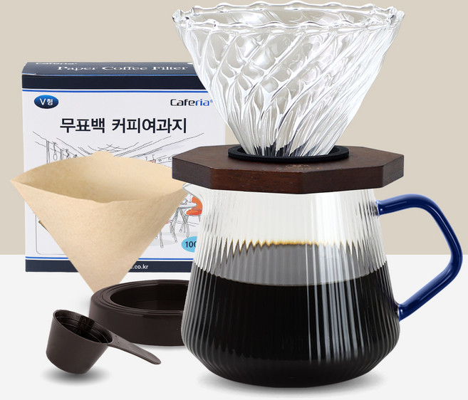 Caferia 雙向八角咖啡手沖組 C8PV, 1套, 百褶玻璃咖啡壺 600ml + 八角咖啡濾杯 + V型咖啡濾紙 + 咖啡量匙 + 濾杯架