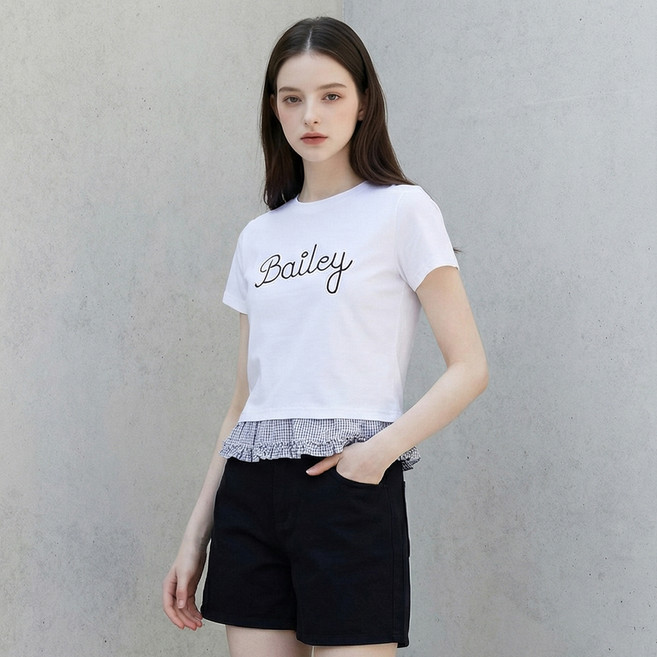 부루앤쥬디 여성용 프릴체크 레터링 티셔츠 BOSETS512B