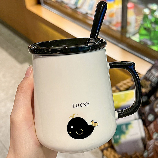 모던지 흑백머그컵 + 뚜껑 + 숟가락 세트 7.5 x 10 cm YJ695, A, 1세트