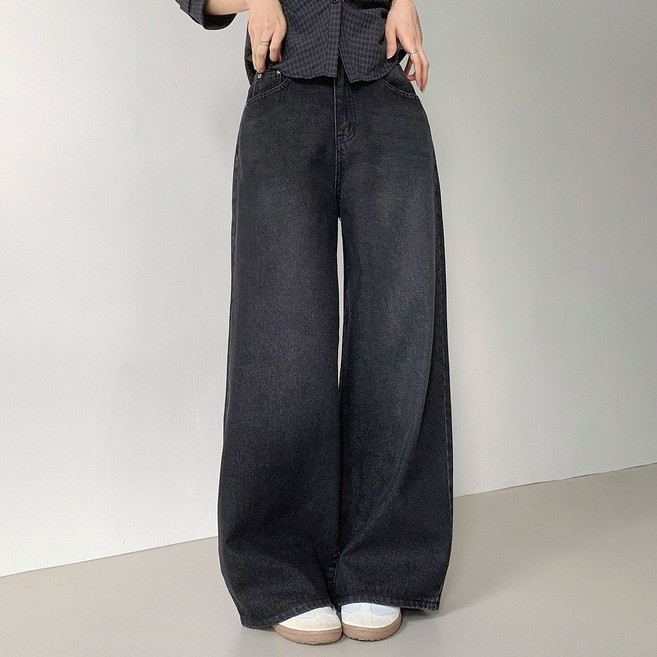 플랜데이 여성용 숏/미디움/롱 기장 우기 워싱 와이드 데님팬츠