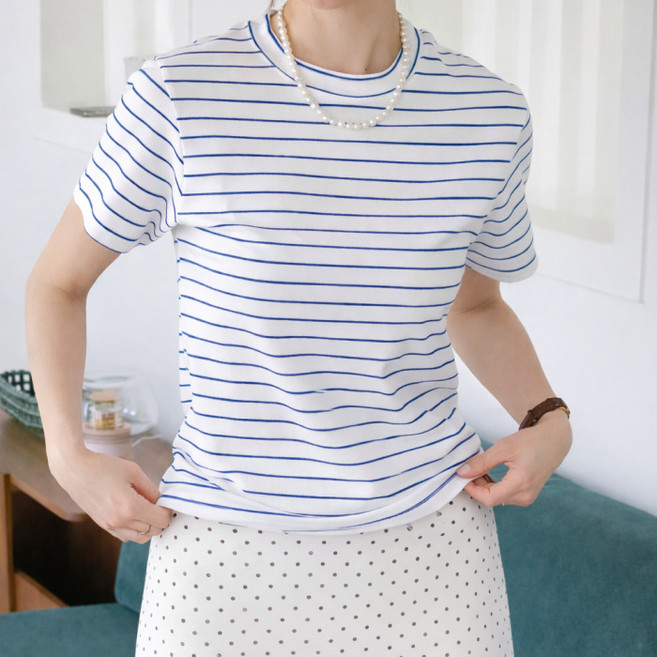 라라온 여성용 스트라이프 라운드넥 면 반팔 티셔츠 26TSP3818