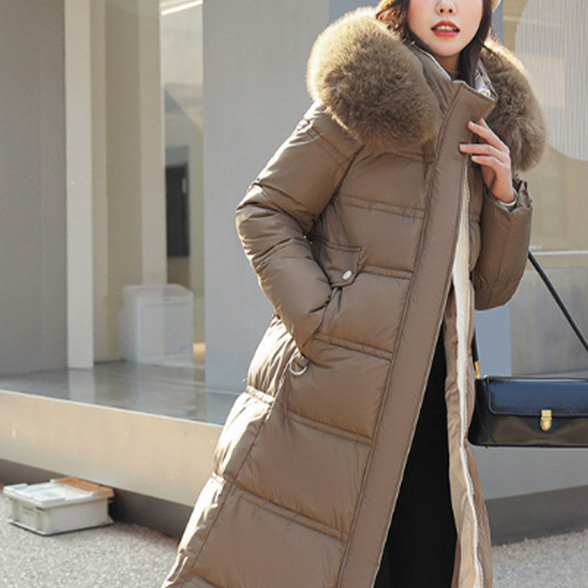 더시럽 여성용 인조퍼 후드 겨울 벨트 롱 보온 패딩 B