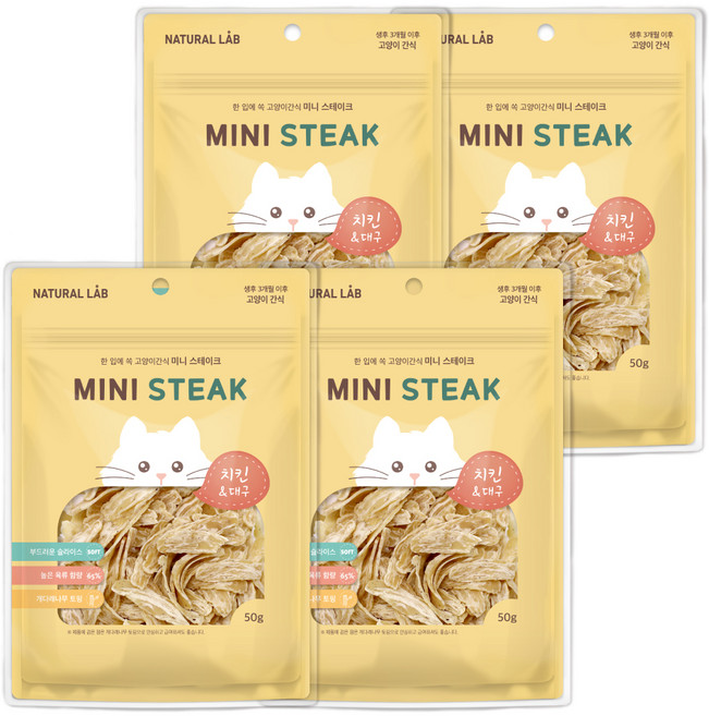 네츄럴랩 미니 스테이크 고양이 간식, 혼합맛(치킨/대구), 50g, 4개