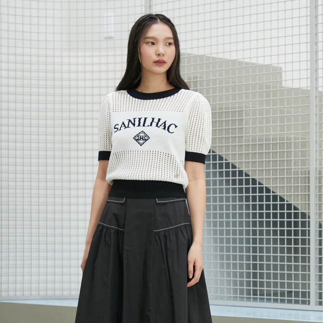 에고이스트 여성용 레터링 자카드 네트 반팔 풀오버 ER2BO408