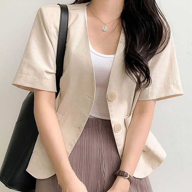 Queenis 女款透氣日常簡約亞麻外套
