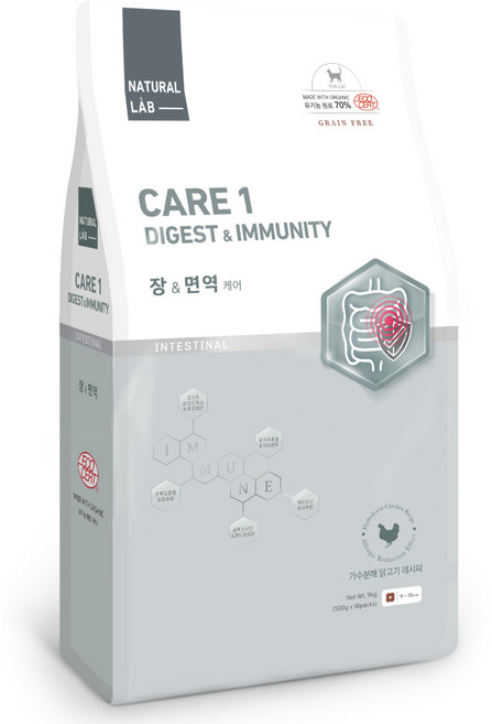 네츄럴랩 고양이 케어1 유기농 기능성 사료, 장건강/유산균, 9kg, 1개