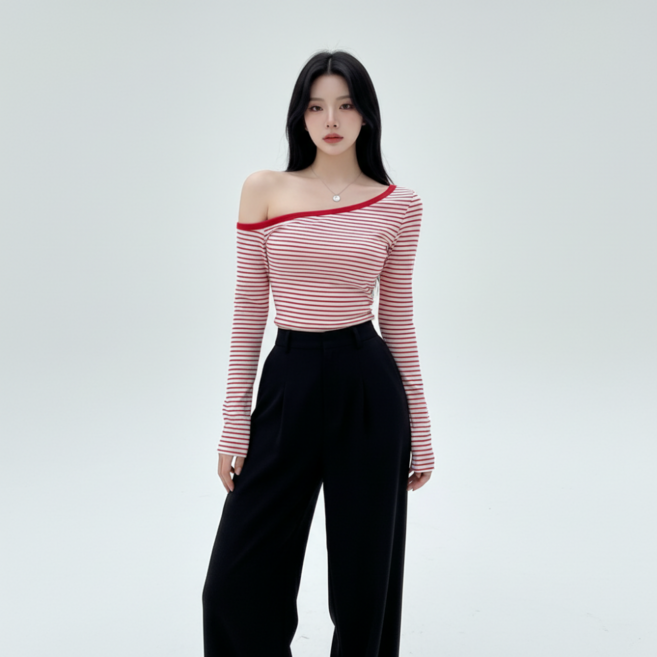 구디프 여성용 스트라이프 오프숄더 슬림핏 데일리 탑 긴팔 티셔츠