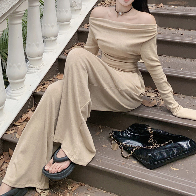 더시럽 여성용 슬림 언발 오프숄더 와이드팬츠 투피스 세트