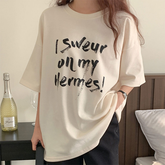 라라온 여성용 루잉스 레터링 반팔 티셔츠