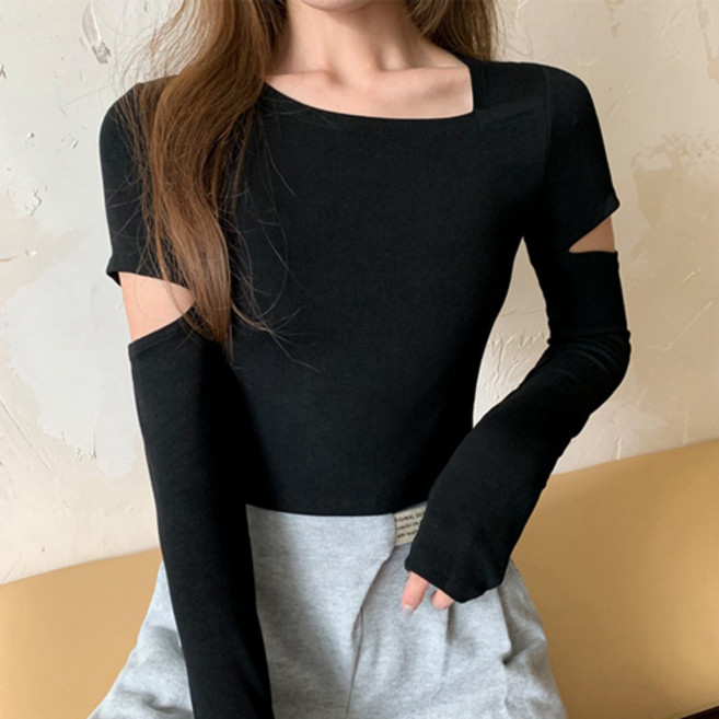 Goodif 女款側邊開衩長袖不對稱領T恤
