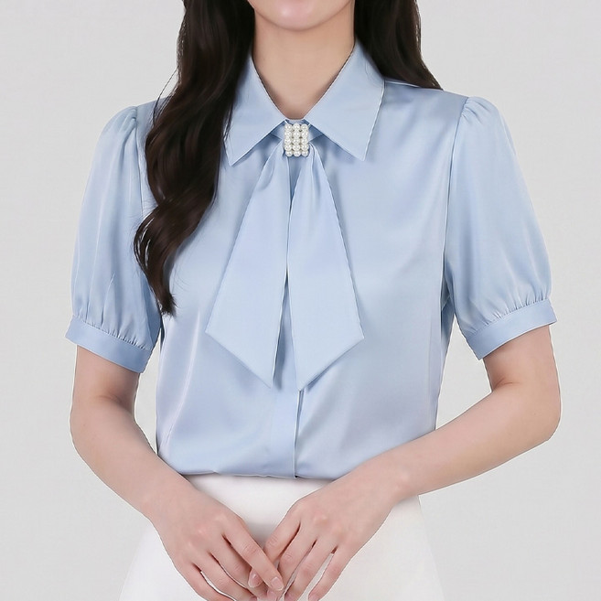 peilit 女款珍珠領結點綴短袖絲質襯衫