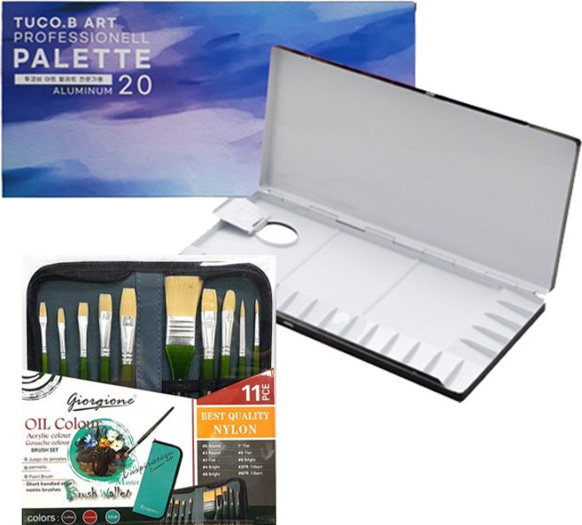 투코비 프리미엄 알루미늄 미술용 팔레트 + 조르조네 유화 브러쉬 10종 + 지퍼케이스 세트, 1세트, 20칸