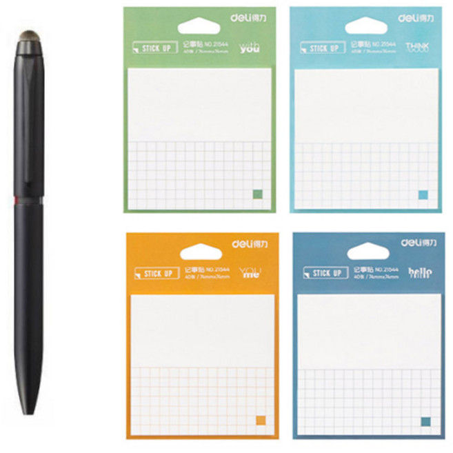 미쯔비시 제트스트림 듀얼 3색 터치펜 0.5mm + 델리 반모눈 접착메모지 21544 4p, 블랙(멀티펜), 메모지(랜덤발송), 1세트