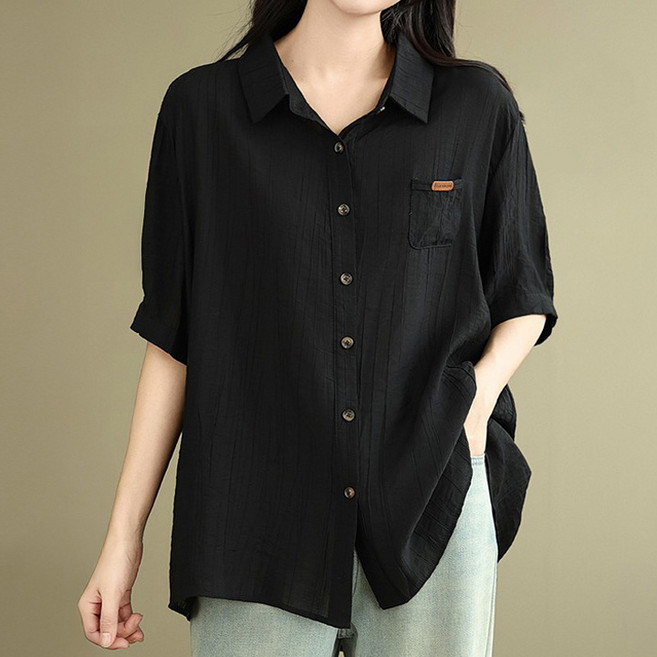 퀸이즈 여성용 루즈핏 데일리 버튼 반팔 셔츠