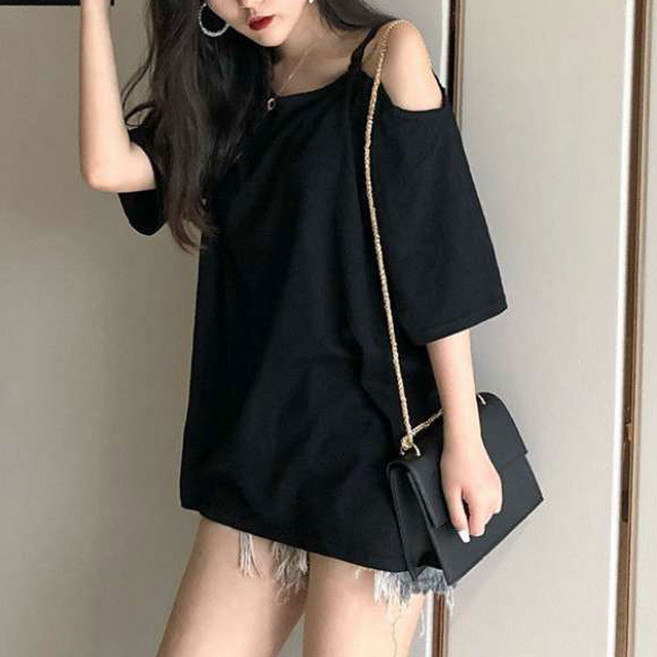 더시럽 여성용 민무늬 단색 원숄더 반팔티