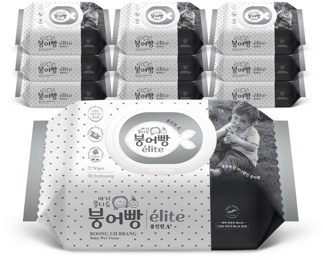 붕어빵 올인원 엘리트 A 플러스 유아 물티슈 캡형, 10개, 72매, 75g