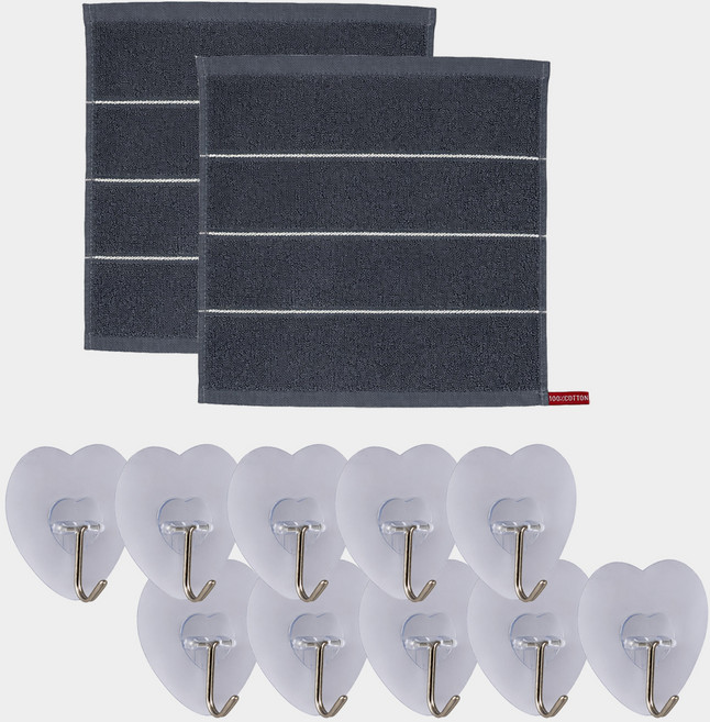 모나코올리브 호텔식 스트라이프 핸드타월 2p + 하트매직 후크 10p 세트, 그레이(핸드타월), 원 컬러(후크), 1세트