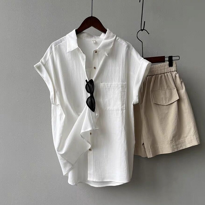 엘쏘 여성용 린넨 스트링 미니포켓 디자인 반팔 셔츠