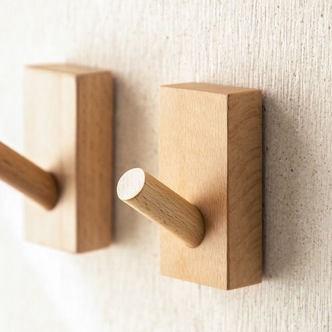 원목 벽 후크 + 3M 접착패드형, 너도밤나무 베이지, 2개