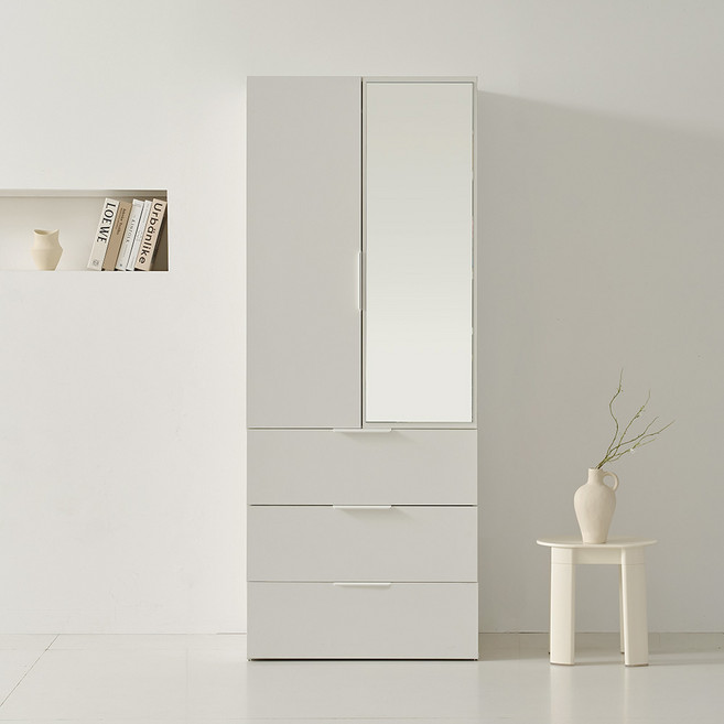 웰퍼니쳐 카린 3단 거울서랍형 높은 옷장 방문설치, 매트 아이보리