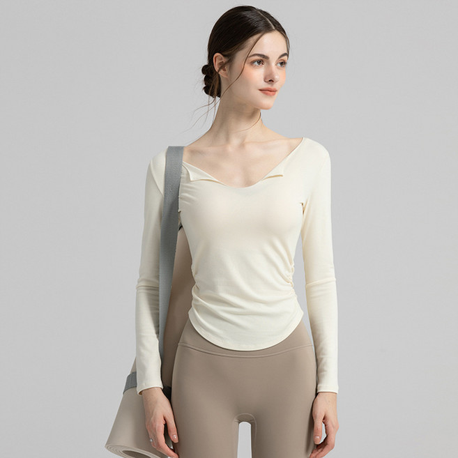 씨오브비 여성용 브이넥 긴팔 필라테스 셔링 티셔츠