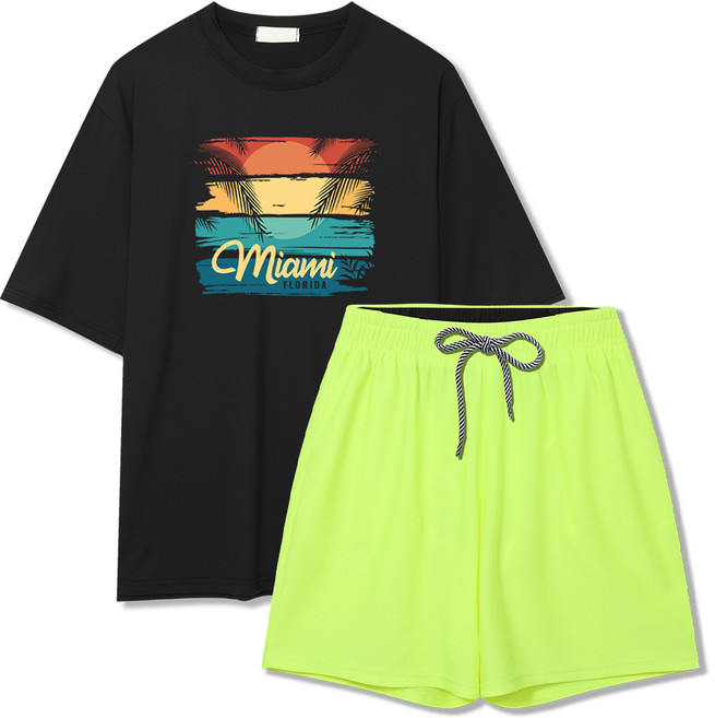 일루소 마이애미 오버핏 반팔 래쉬가드 + 4부 스판 비치 팬츠 세트