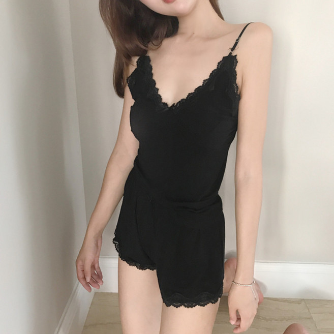 어리플 여성용 쫀쫀한 홈웨어 레이스 끈나시 + 반바지 잠옷 세트